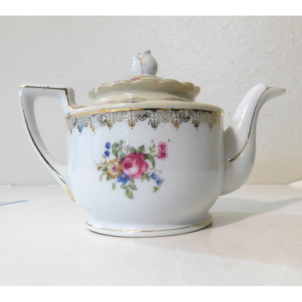 Vintage 1940s Goldcastle Hostess China Teapot Floral Design Gold Trim Japan